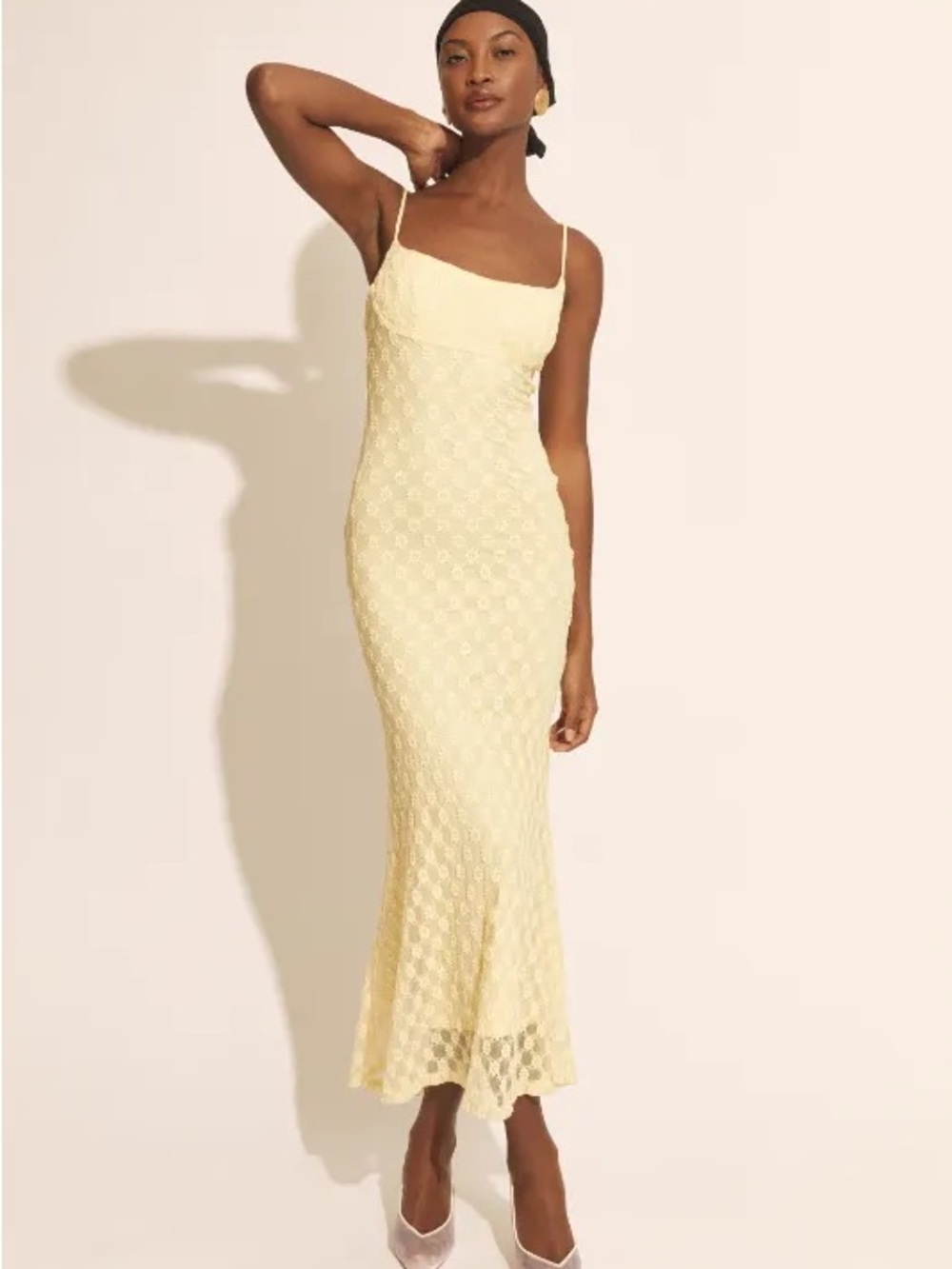 MEROKEETY Lace Maxi Mermaid Dress Women’s US Size XL Yellow Floral Sleeveless